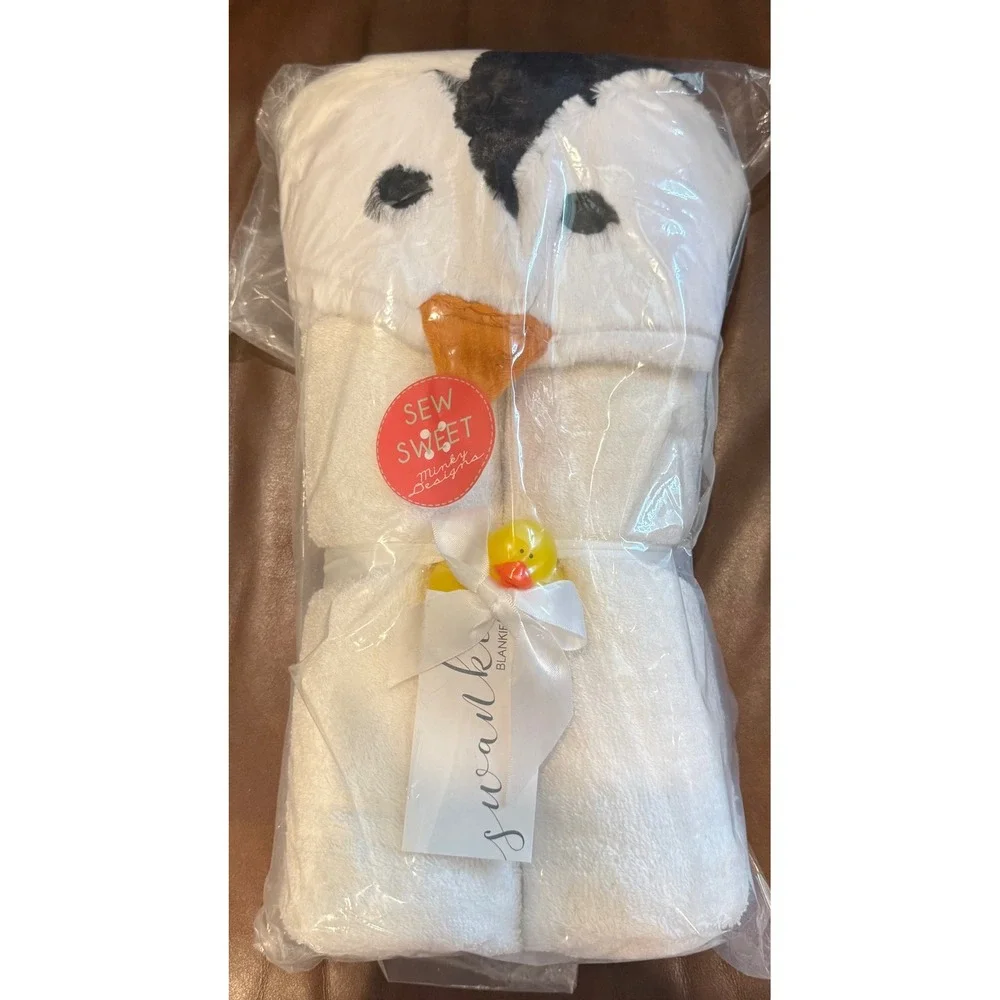 Swankie Blankie Baby Minky Hooded Towel White Penguin Sew Sweet Designs NEW